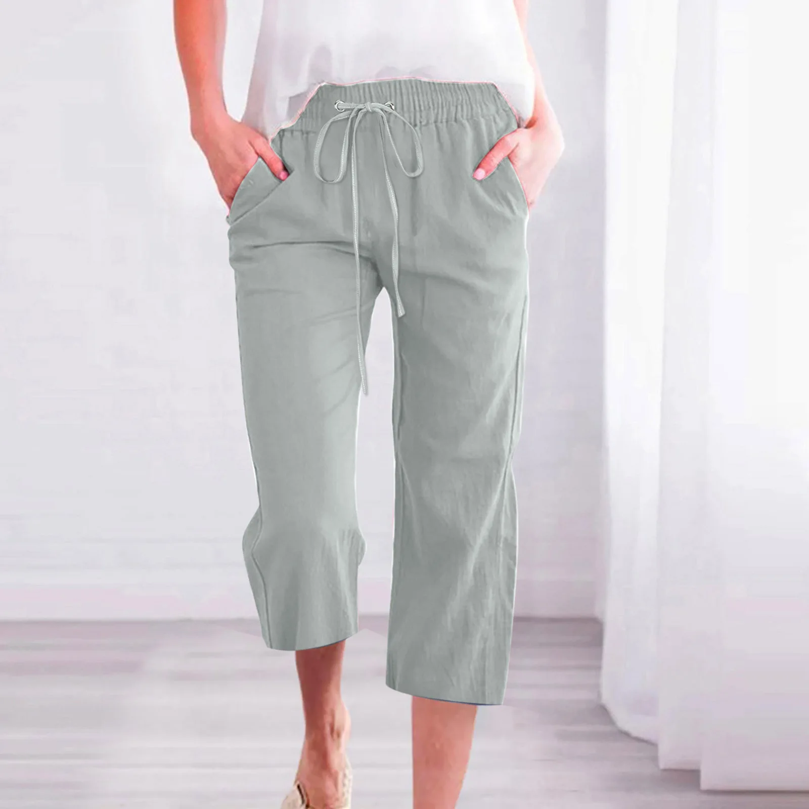 

Women's Solid Color Drawstring Cotton and Linen Casual Loose Straight Leg Pocket Home Capri Pants