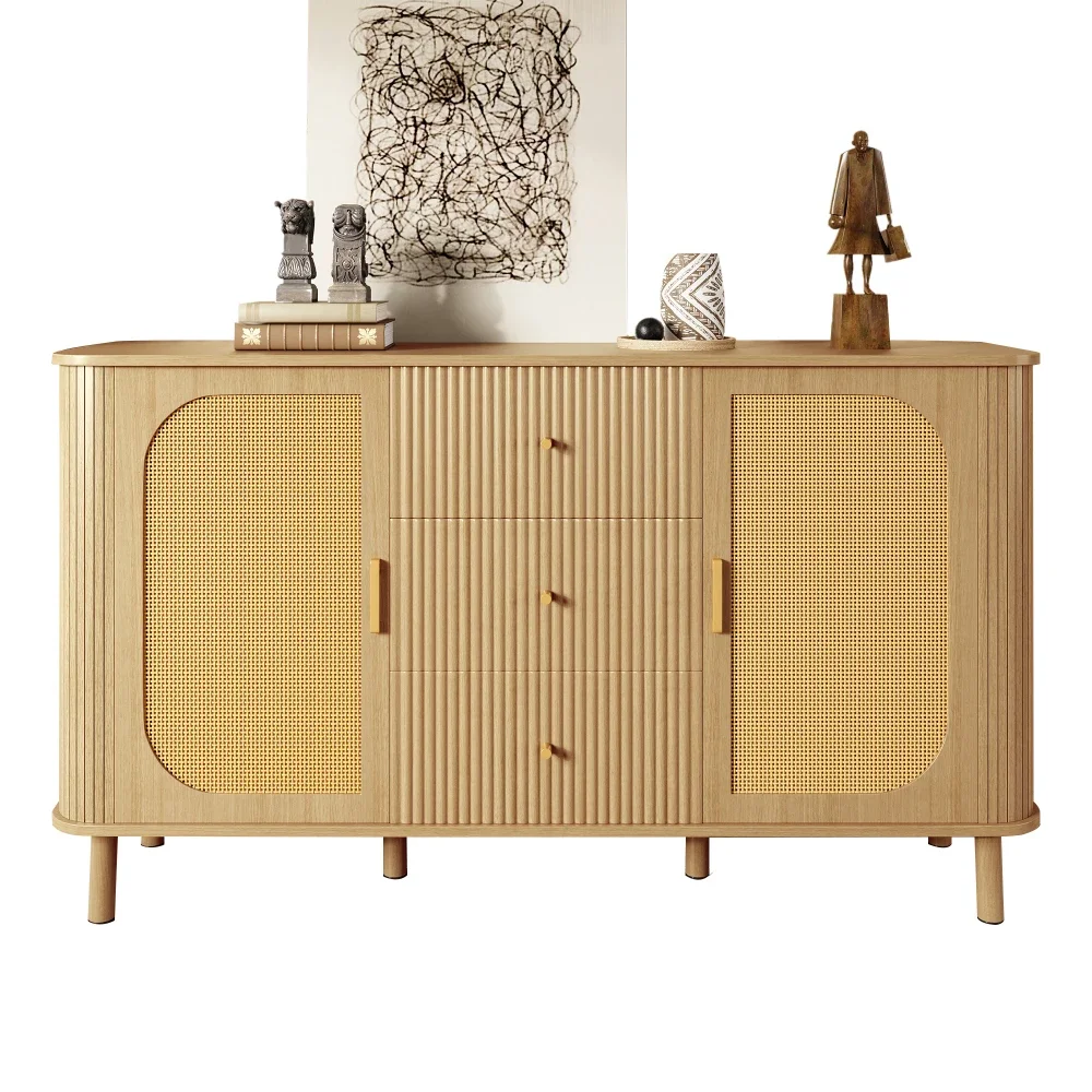Modernes Sideboard mit vielseitigen Holzoptik-Schubladen, Regalen, Metallbeinen für die Aufbewahrung im Wohnzimmer – Detail 1