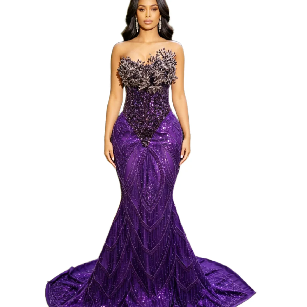 Dark Purple Strapless Mermaid Prom Dress 3D Floral Beaded Sequin Chevron Pattern Evening Gowns Black Girls Diamond Formal Party