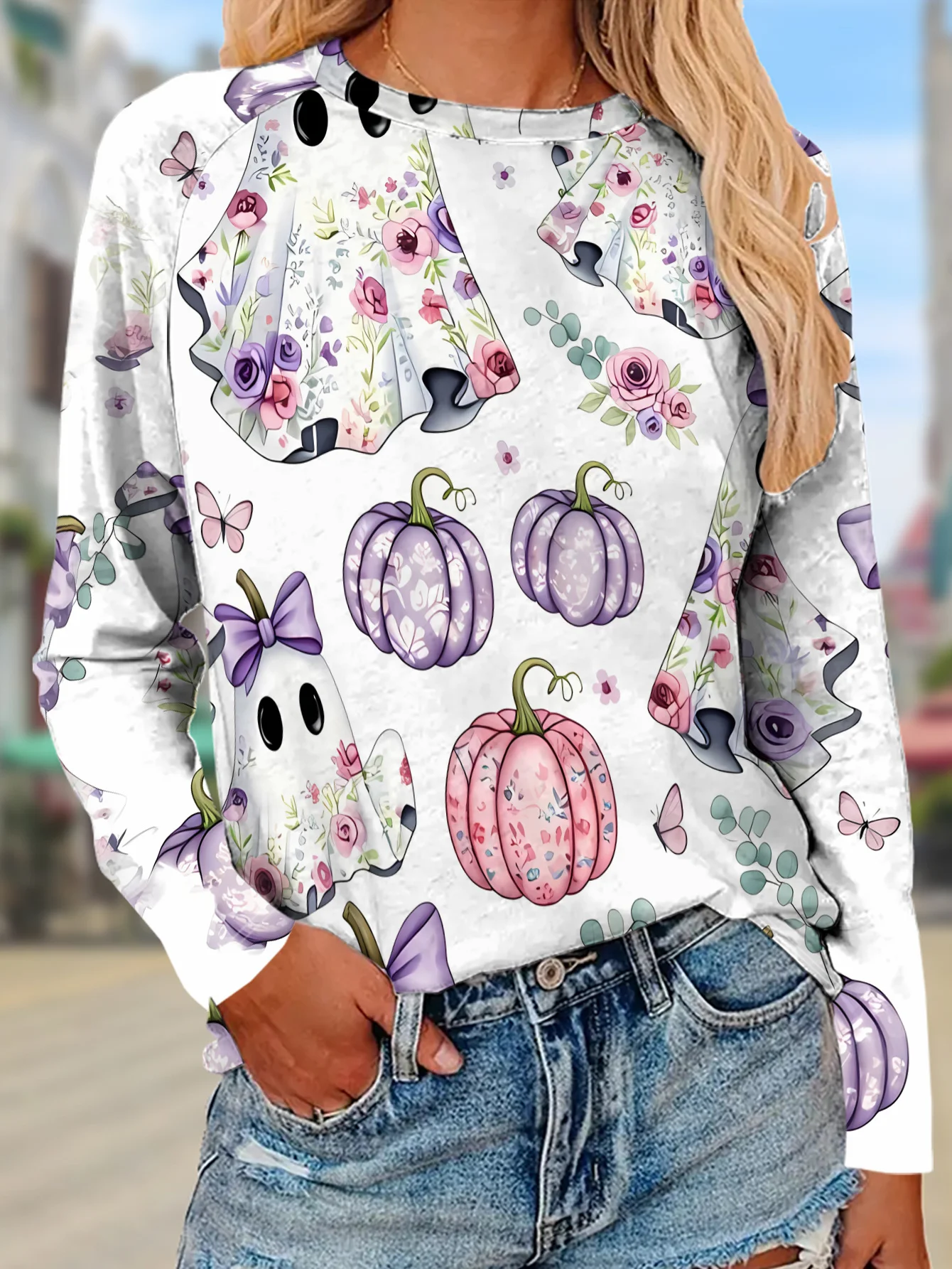 Women Long Sleeve Halloween T-shirt Round Neck Bat Star Print Casual Tops Autumn Fashion Slim Fit Daily Wear Women's Clothes