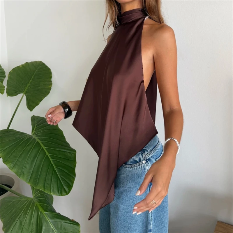 موضة عادية غير النظامية الساتان تانك القمم للنساء صيف 2026 بلون الرسن أكمام تي شيرت التي شيرت الشارع الشهير Y2K