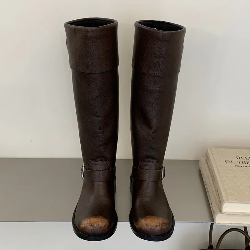 Eilyken New Design Splicing Belt Buckle Knee-High Boots Women Retro Round Toe Square Low Heels Autumn Winter Shoes