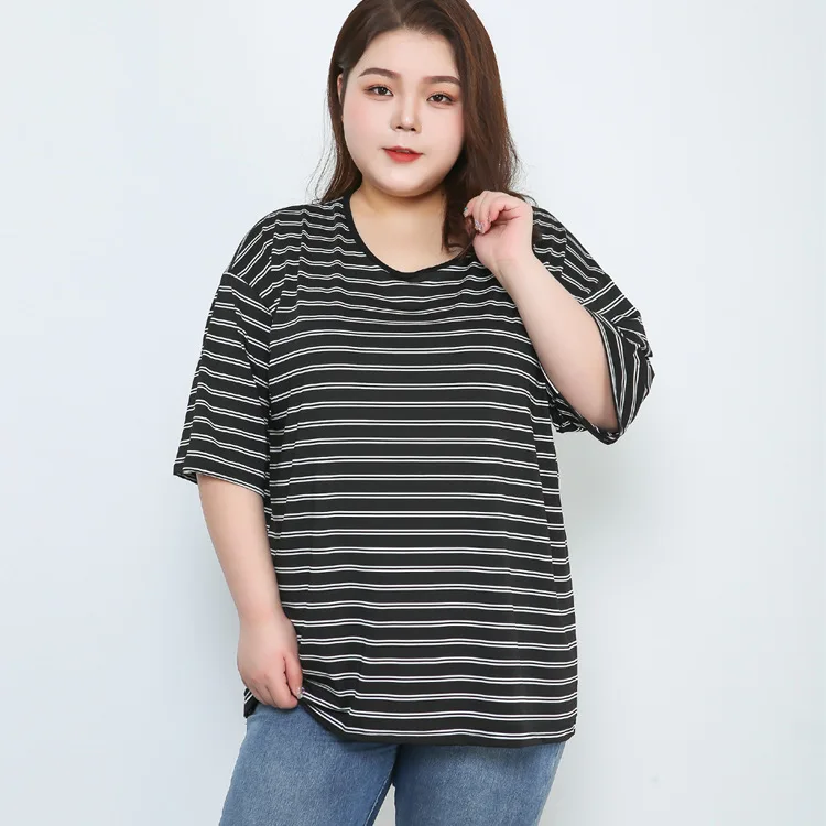plus Size Women's T-Shirt Striped Elastic Loose Fit Short Sleeve Summer Top Ultra Large 200 Pounds Capacity round Neck Commut...