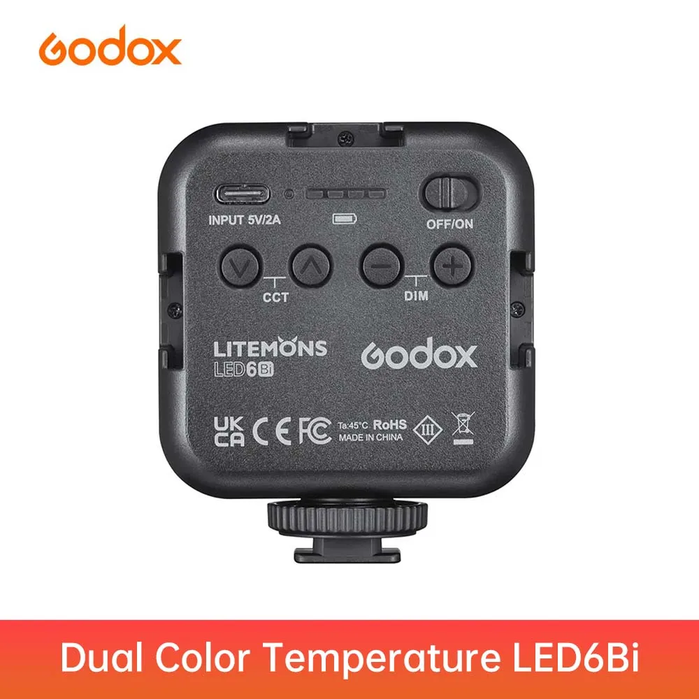Godox LED6Bi Pocket Video Light, Dimmable Bi-Color 3200K-6500K, Type-C Rechargeable, CRI95+ Magnetic for DSLR/Smartphone