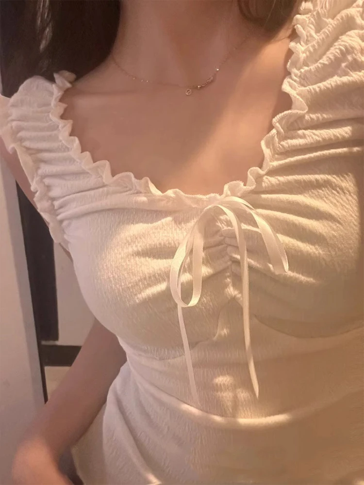Vintage pleated V-collar T-shirt women's summer solid sleeveless slim Y2K blouse women's sweet lovely cotton vest 2024