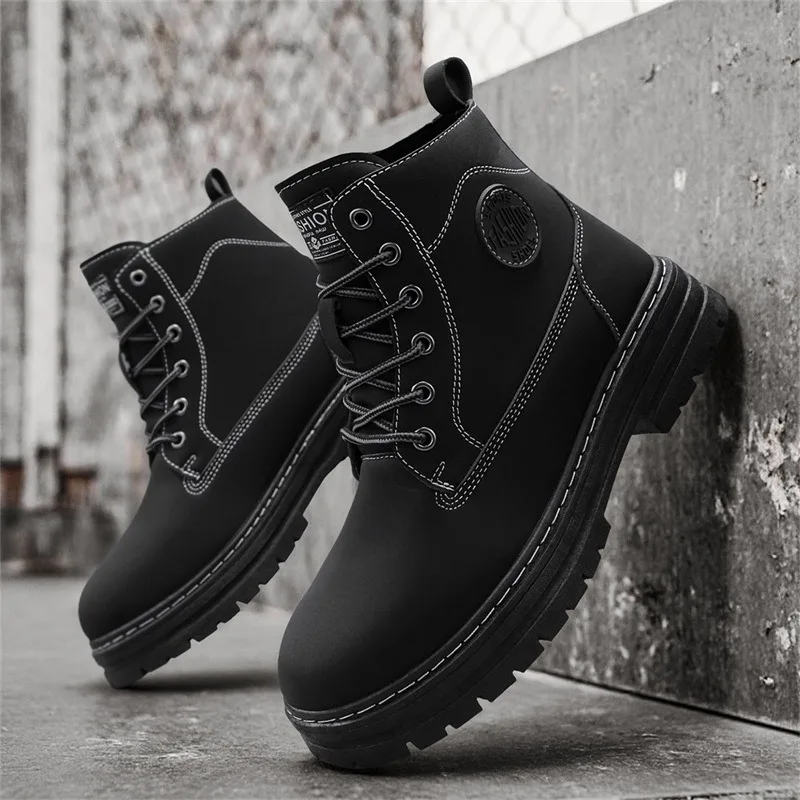 الرجعية أحذية عالية الجودة غير رسمية للرجال الشتاء مكتنزة راوند أحذية الرجال دراجة نارية حذاء من الجلد الدانتيل متابعة العمل الأحذية بوتاس Hombre