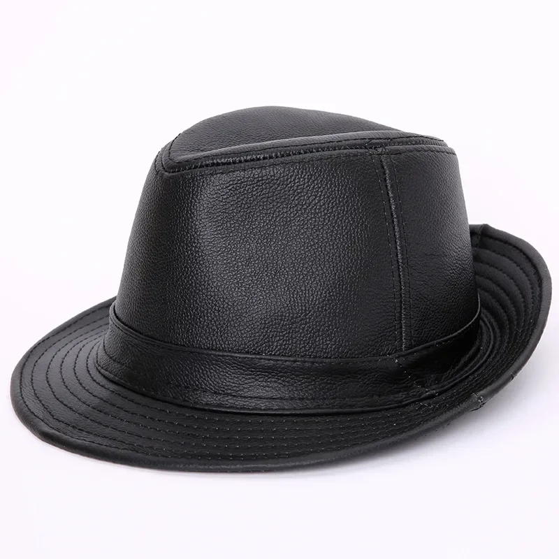 Male 100% Genuine Leather Jazz Hat Adult Fedoras Hat Male Sheepskin Fedoras Cap Men's Wide Brim Leather Cowboy Hat