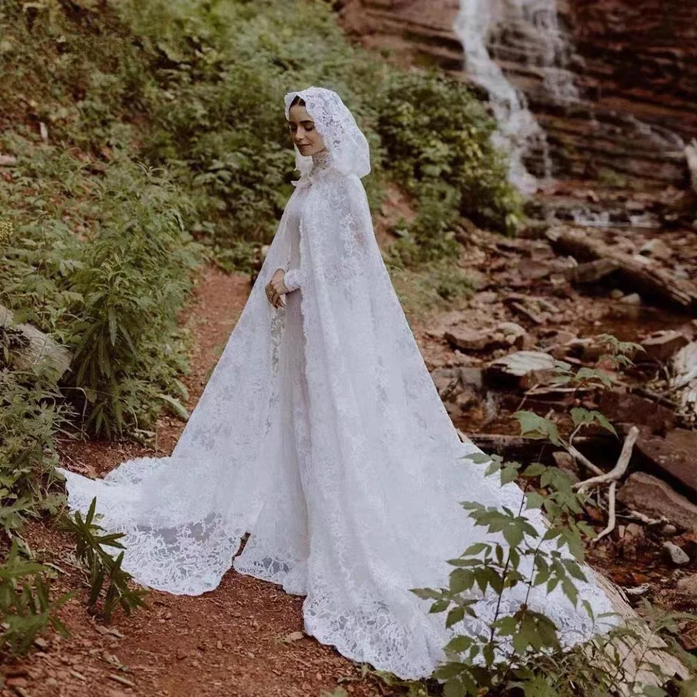 

Long Lace Wedding Cape White Ivory Hood Cloaks For Women Gothic Punk Party Costumes Floor Length