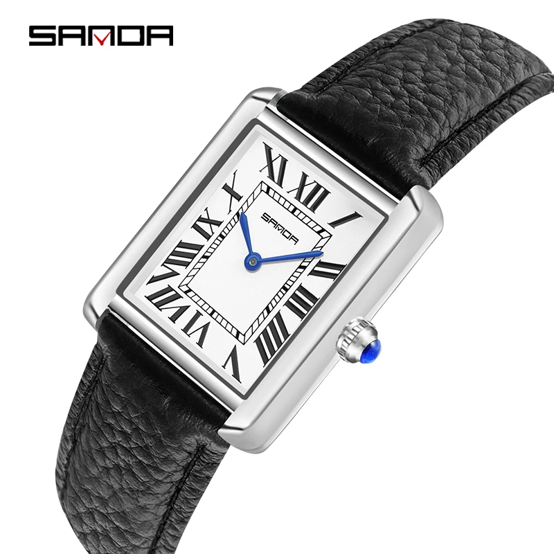 SANDA Men Women Rectangular Quartz Wrist Watches for Casual Ladies Stainless Watches Luxury Leather Lovers Gift Box Clock