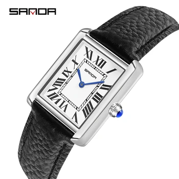 SANDA, relojes de pulsera rectangulares de cuarzo para hombres y mujeres, relojes informales de acero inoxidable para mujeres, reloj con caja de regalo para amantes del cuero de lujo