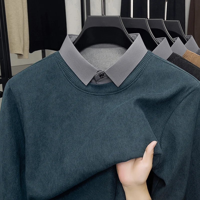 เสื้อสเวตเตอร์ถักคอปกผู้ชายแบบใหม่สำหรับฤดูใบไม้ร่วงและฤดูหนาวปี 2025 ชุดสองชิ้นสไตล์ลำลองสำหรับวันหยุด