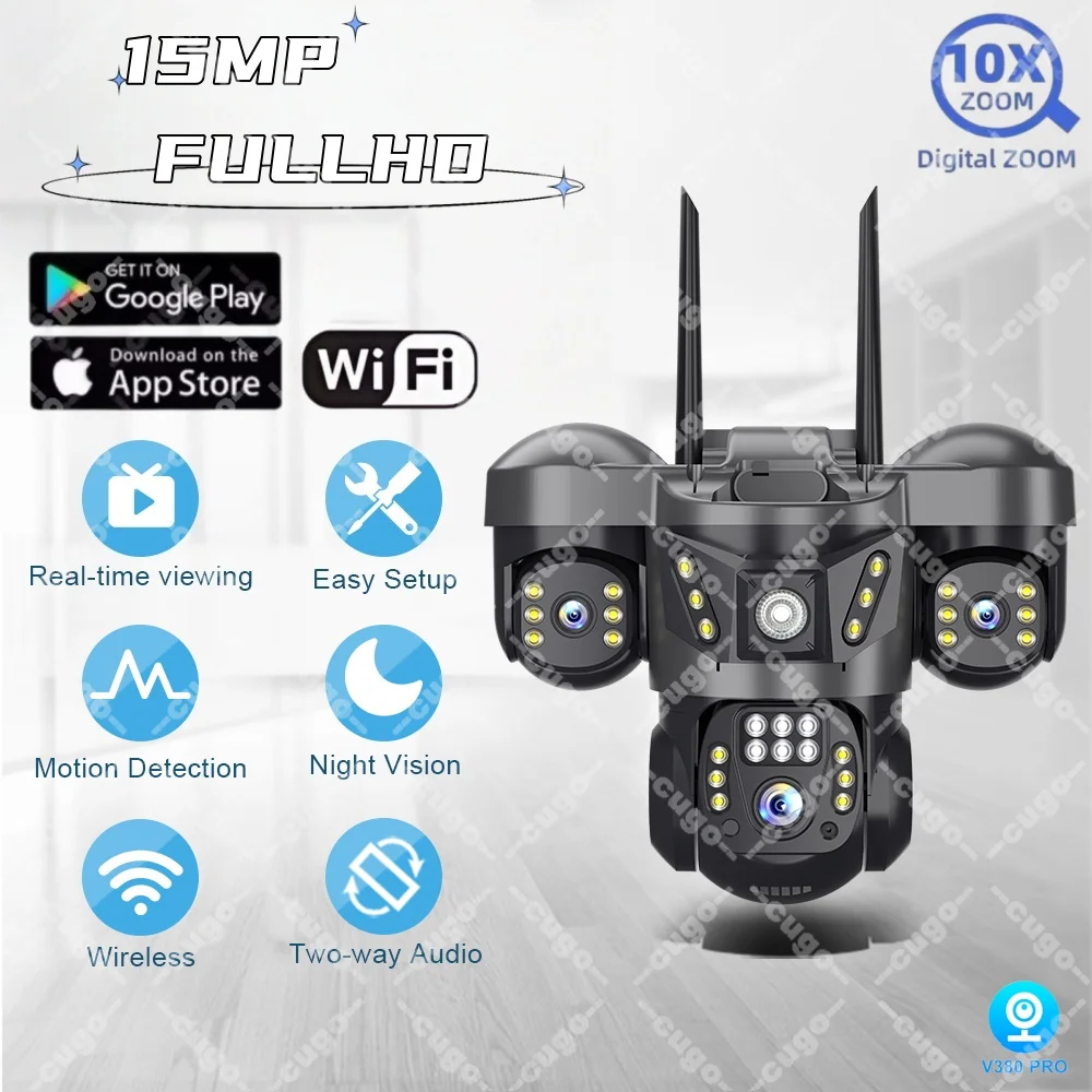 

15-мегапиксельная Wi-Fi IP-камера с тремя объективами, уличная камера с тремя объективами 8K, водонепроницаемая двусторонняя аудиокамера для обнаружения человека, видеокамера видеонаблюдения