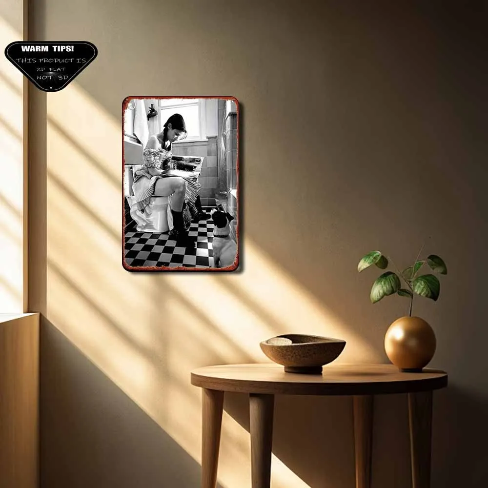 Funny Bathroom Metal Sign – Woman Reading Magazine on Toilet with Pet Dog – Black/White Floor – For Bar, Garage, Garden - view 4