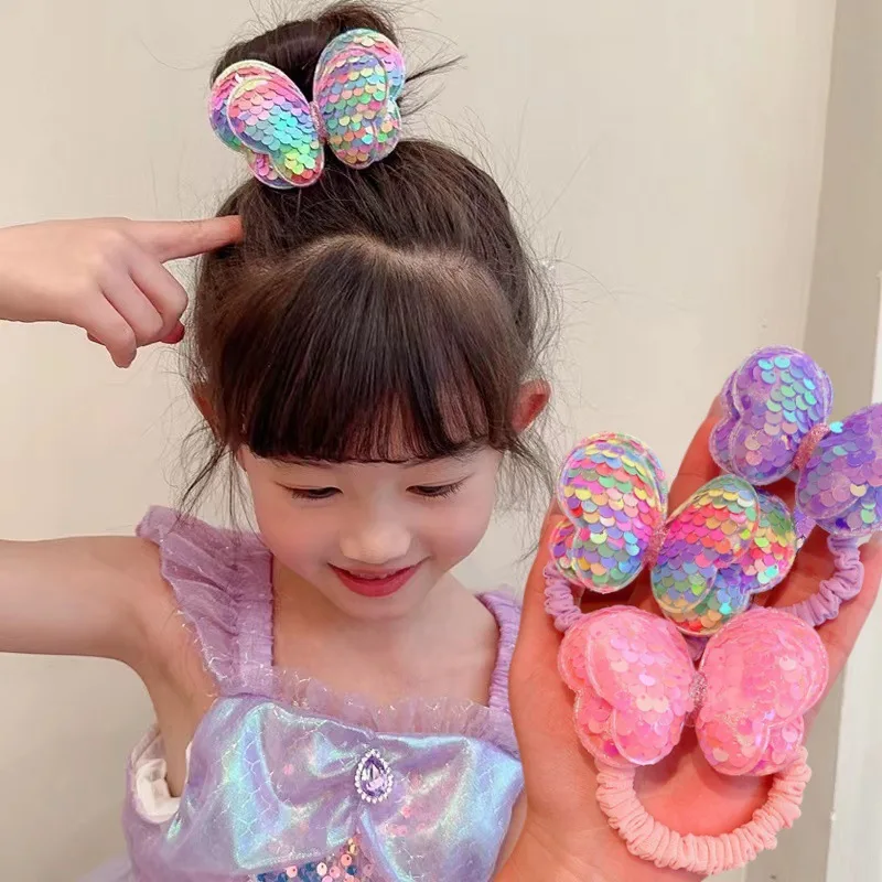 3PCS Sequin Hair Rope Children Scrunchies Big Butterfly Tie High Ponytail Braid Girl Rubber Band Headwear Hair Accessories