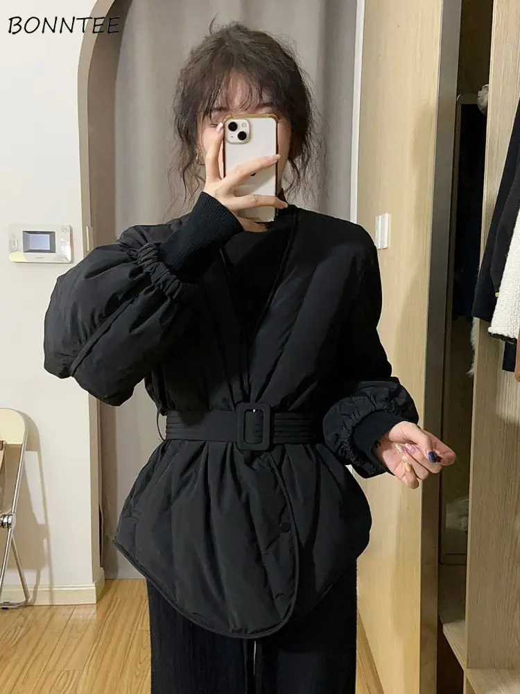 Short Style Parkas Women with Belt Thicken Warm Winter Ins Basic Black Simple Vintage Design Streetwear All-match Chic Outwear