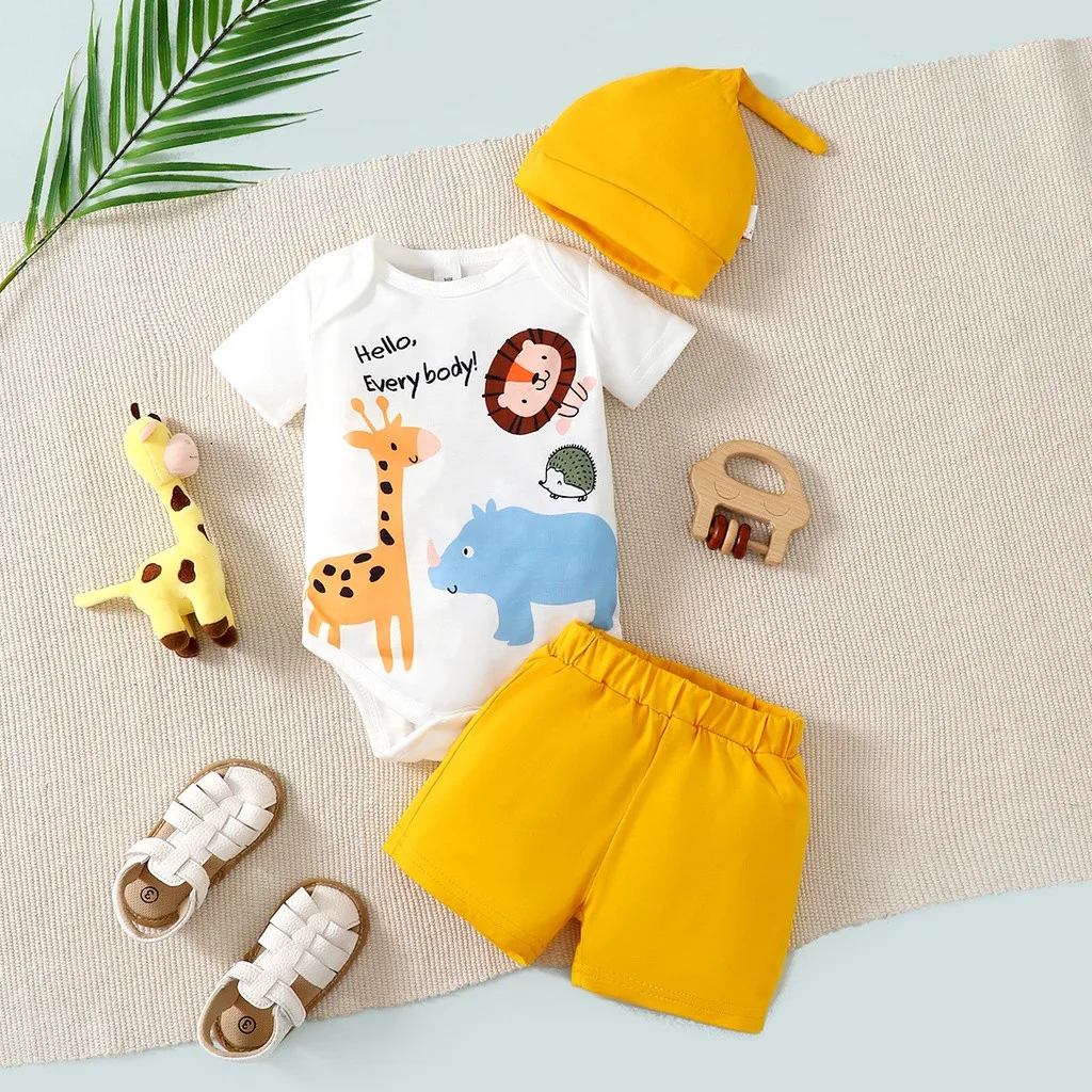 1-24 Months Newborn Baby Boy 3pcs Clothing Set White Cartoon Short Sleeve Top+Yellow Shorts+Hat Fashion Cute Summer Daily  Wear