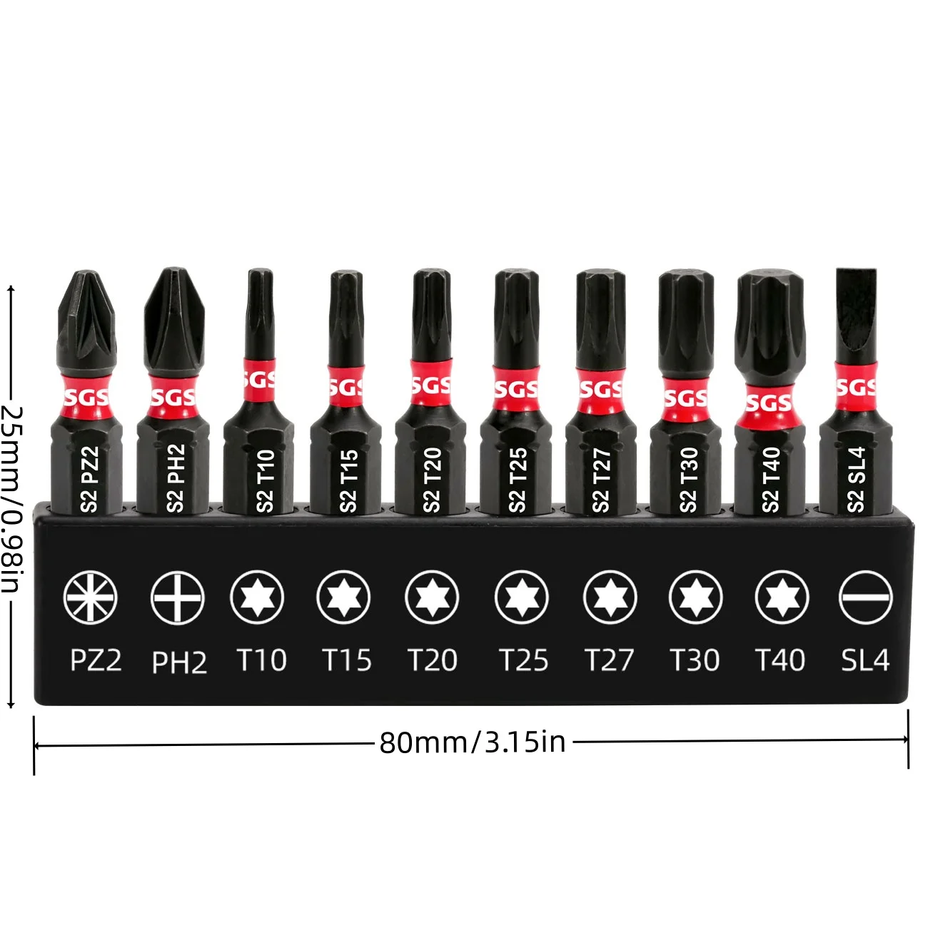 10 Pieces of Impact-Resistant PZ/SL/PH/Torx Screwdriver Bits, Wear-Resistant and Magnetic, 25mm