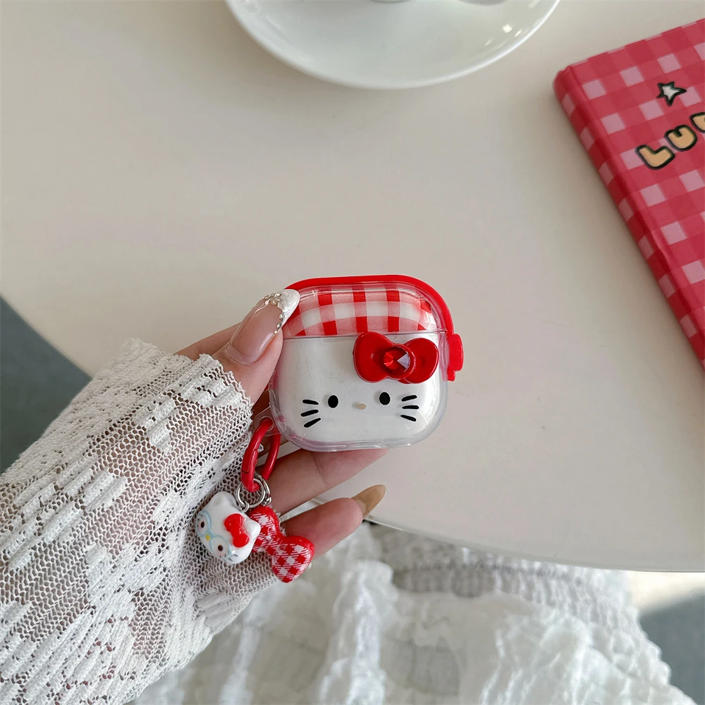 Earphone Case For Airpods 4 Pro 3 2 1 3D Cute Sanrio Hello Kitty Bow Wireless Bluetooth Headset Protective Cover With Pendant