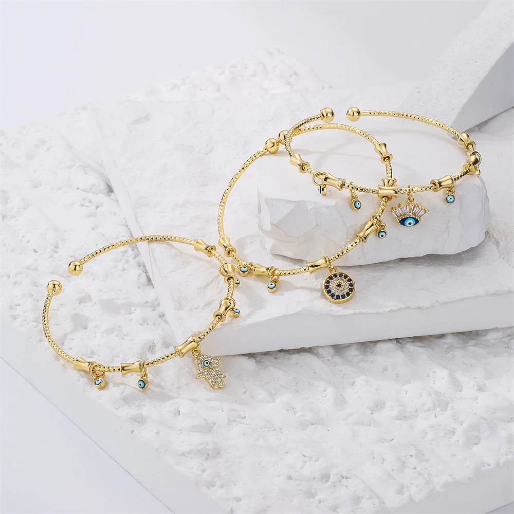 NEWBUY 2026 Trendy Lucky Evil Eye Charm Bracelets & Bangles Gold Color Copper CZ Zircon Cuff Bracelet For Women Party Jewelry