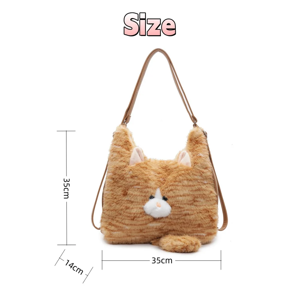 Cute Fluffy Kitten Handbag for Women Plush Large Capacity Shoulder Bag Students Soft Backpack Daily Commuter Shopping Tote Bags