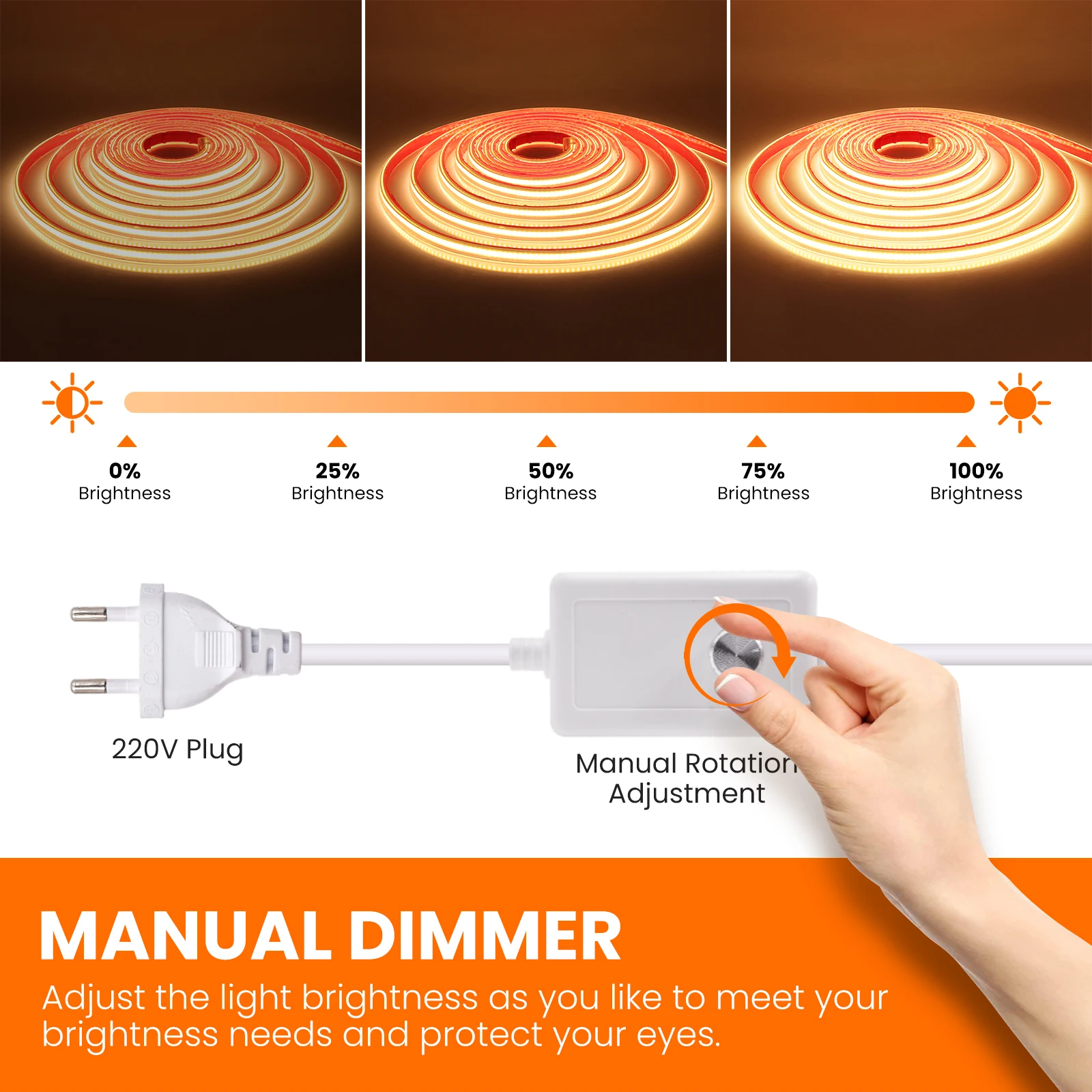 Imagem -04 - Dimmable Cob Led Strip Light com Interruptor Adesivo Fita Fita Alto Brilhante Impermeável Flexível Plug ue Decoração de Casa 220v 288leds por m