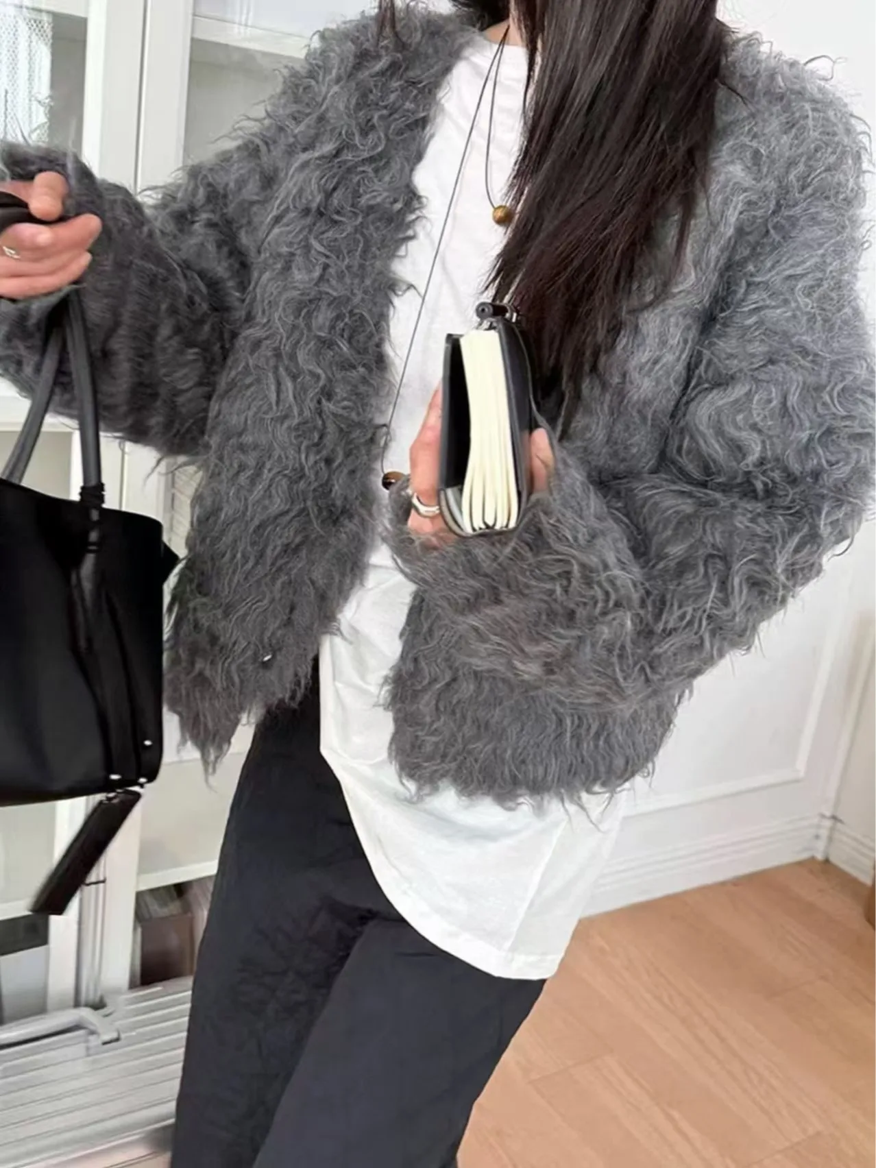 

Пушистый хлопковый свитер женский с V-образным вырезом, свободный, осенне-зимний, теплый, универсальный, модный, с коротким и длинным рукавом