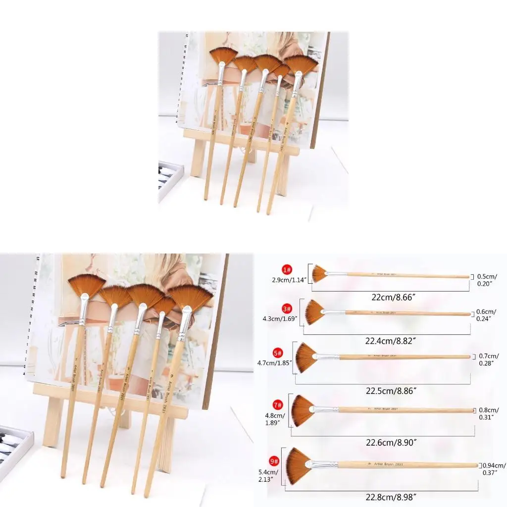 

Набор веерообразных кистей для рисования, 5 размеров, деревянная длинная ручка для рисования масляной гушью