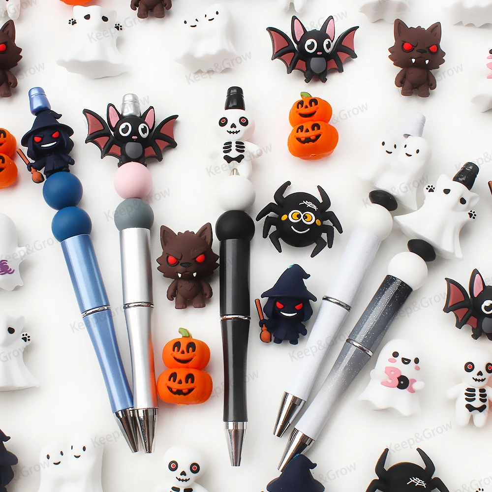 5/20/50Pcs Halloween Theme 3D Silicone Beads Bats Witches Pumpkins Spiders Ghosts Focal Beads for DIY Keychain Pens Beaded