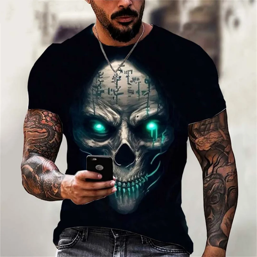 Novo 3d impresso t camisa masculina verão vintage crânio impressão topos diabo manga curta moda o pescoço rua camisas de grandes dimensões dos homens