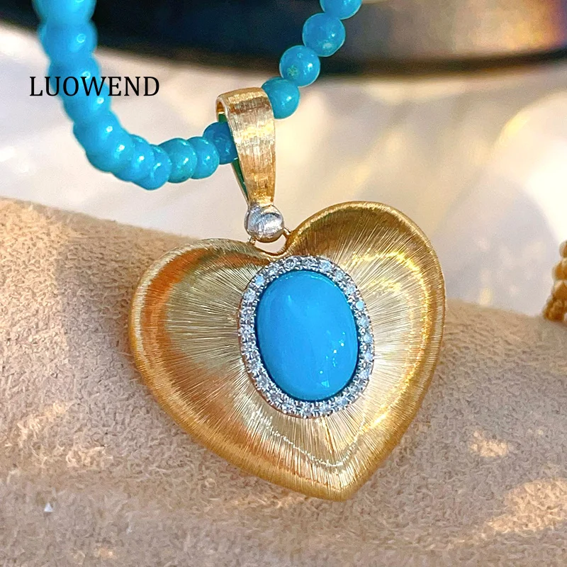 LUOWEND 100% 18K Yellow Gold Pendant Shiny Diamond Natural Turquoise Necklace Pendant Women Luxury Heart Shape Party Jewelry