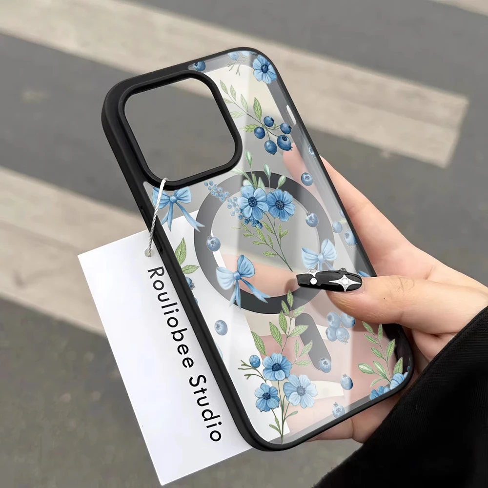 Blaubeer-Blumenmuster Transparente Hülle für iPhone 17 14 12 Pro Max 13 16 15 Plus 11 Hüllen für Magsafe Kabelloses Laden Stoßfeste Schutzhülle – Detail 16