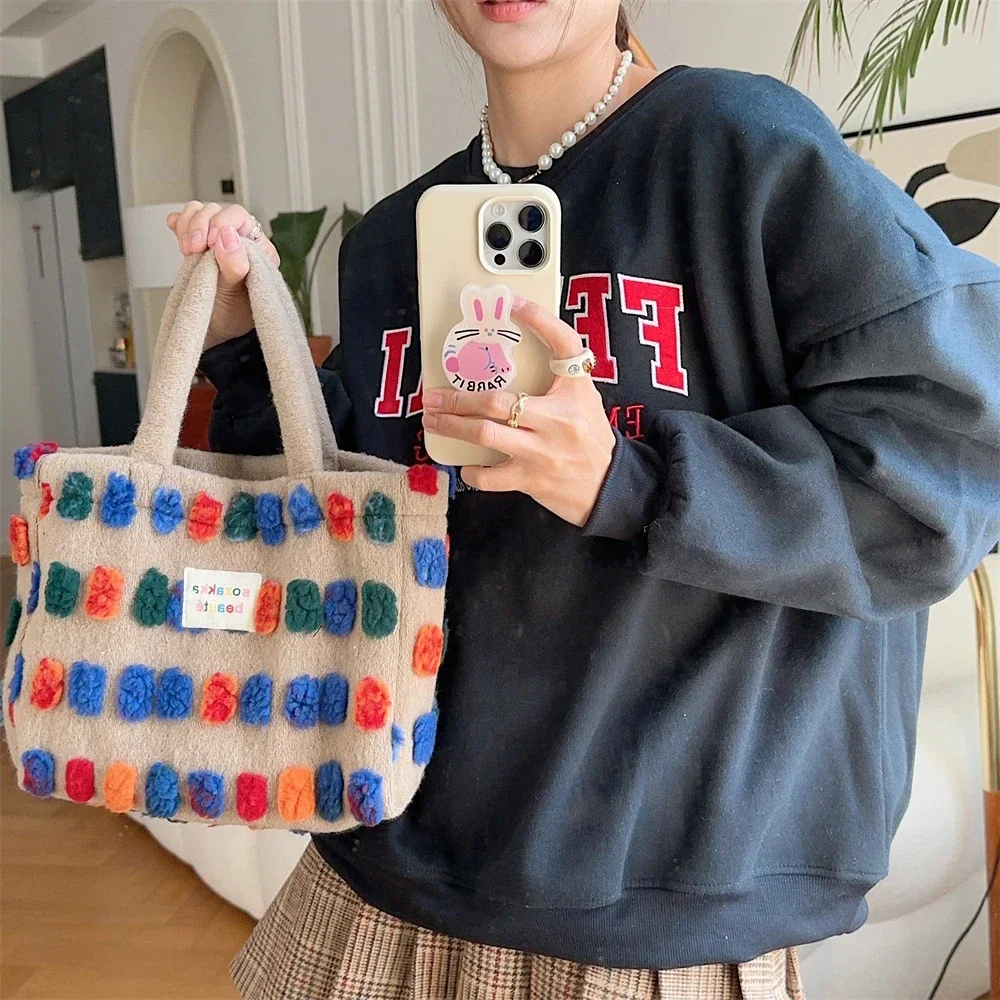 Color Plush Dots Women\'s Bento Handbags Retro Design Female Fluffy Bucket Bags Large Capacity Shoulder Bag Purse Casual Tote