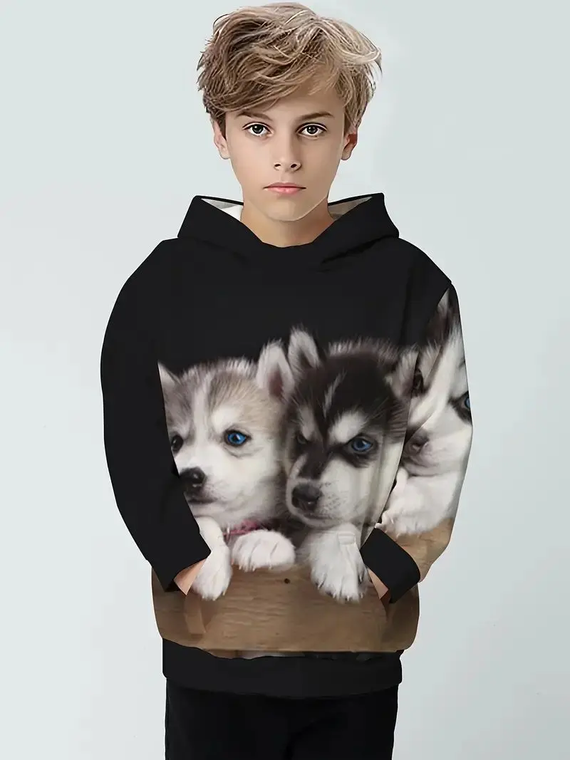 Autumn New Baby Husky  Simulation Printed Childrens Pullover Cute Pet Dog Simple  Fashion Casual Versatile Boy Hooded Sweatshirt