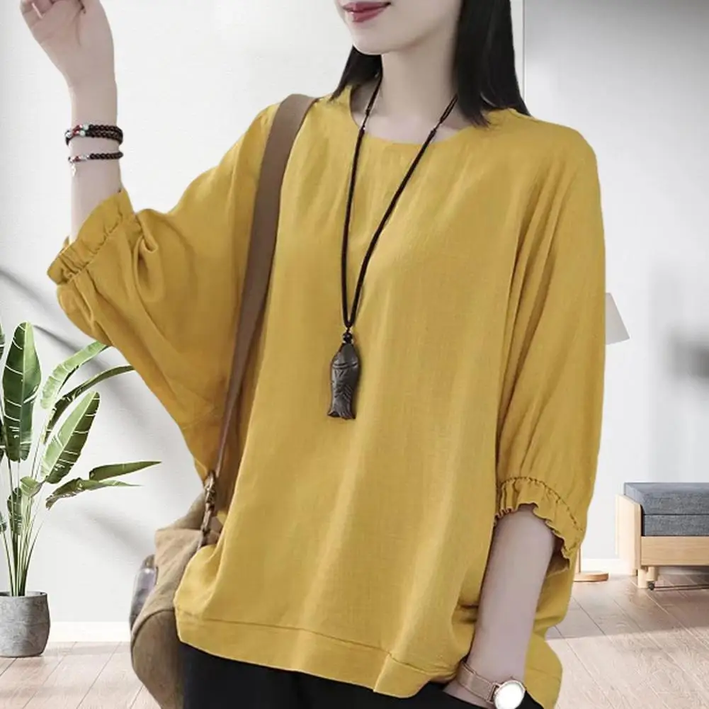 เสื้อสวมหัวกลมแขนสามส่วนของผู้หญิงเสื้อผ้าสตรีเสื้อยืดท็อปแบบตัวสั้นฤดูใบไม้ผลิและฤดูใบไม้ร่วง