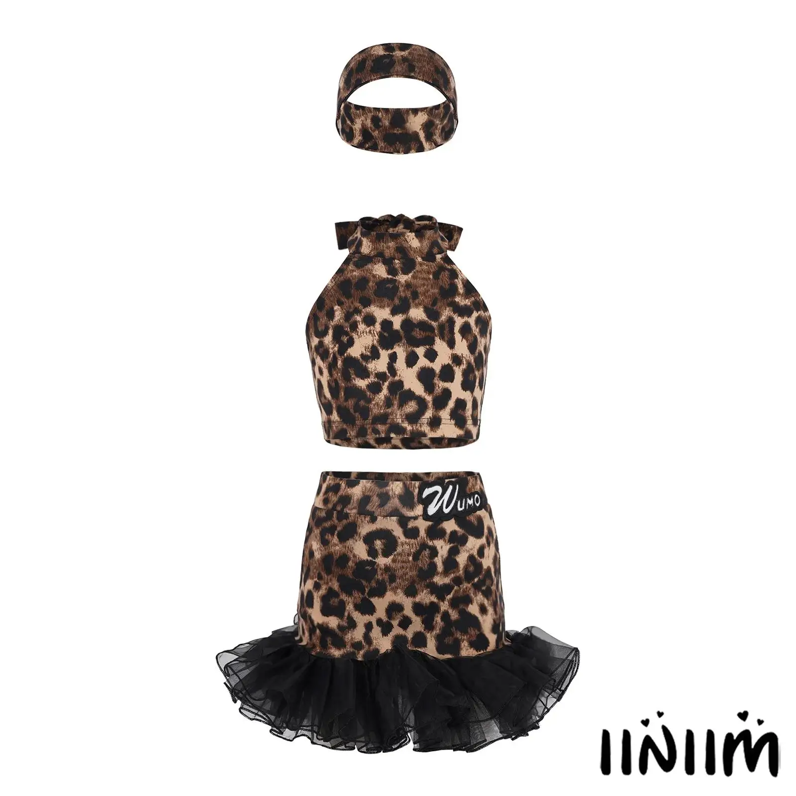 

Kids Girls 3-piece Leopard Print Latin Dance Outfit Self-tie Sleeveless Crop Top with Elastic Waist Ruffle Skirt and Headband