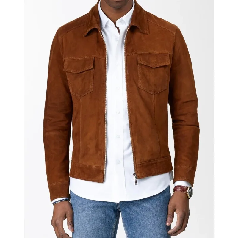 

Fashion Trendy Men's Pure Suede Leather Jacket Biker TAN Premium Casual Outfit