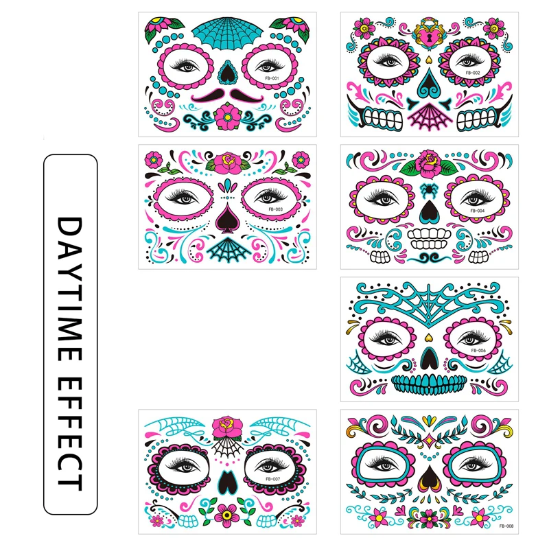 Day of the Dead Halloween  Tattoo Sticker Temporary Skin for Night Bar Party Festival Makeup Tattoo Glow in  Dark Body Sticker