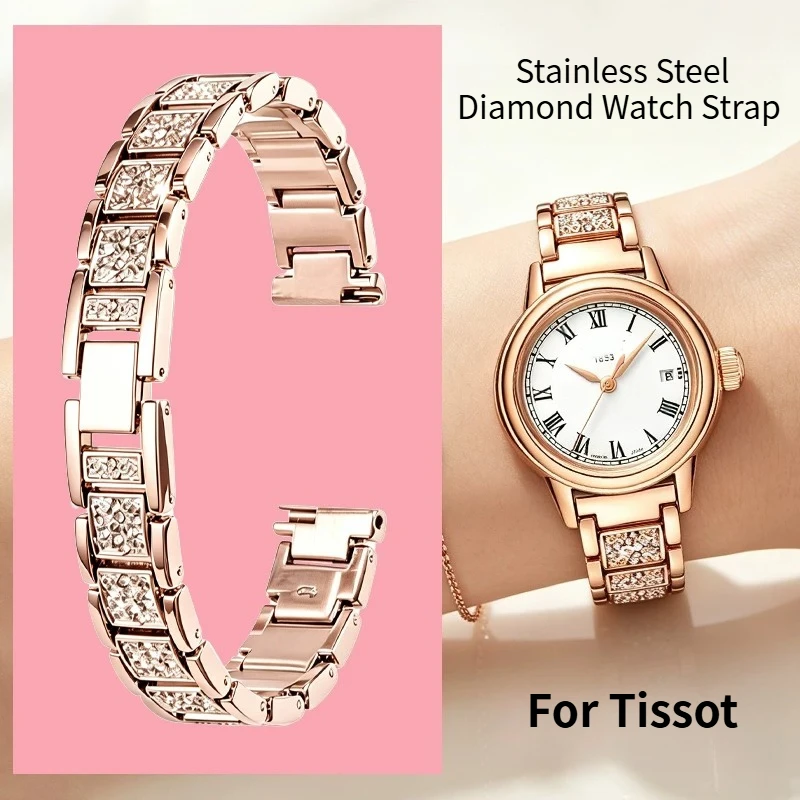 Women Stainless Steel Inlaid Diamond Watch Band, Replacement Bracelet for Original Tissot 1853 Carson T085.210A T085.207 Strap