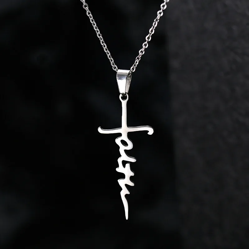 Stainless Steel Faith Letter Cross Pendant Necklace for Women Fashionable Simple Hip Hop Bounce Girl Jewelry Clavicle Chain Gift