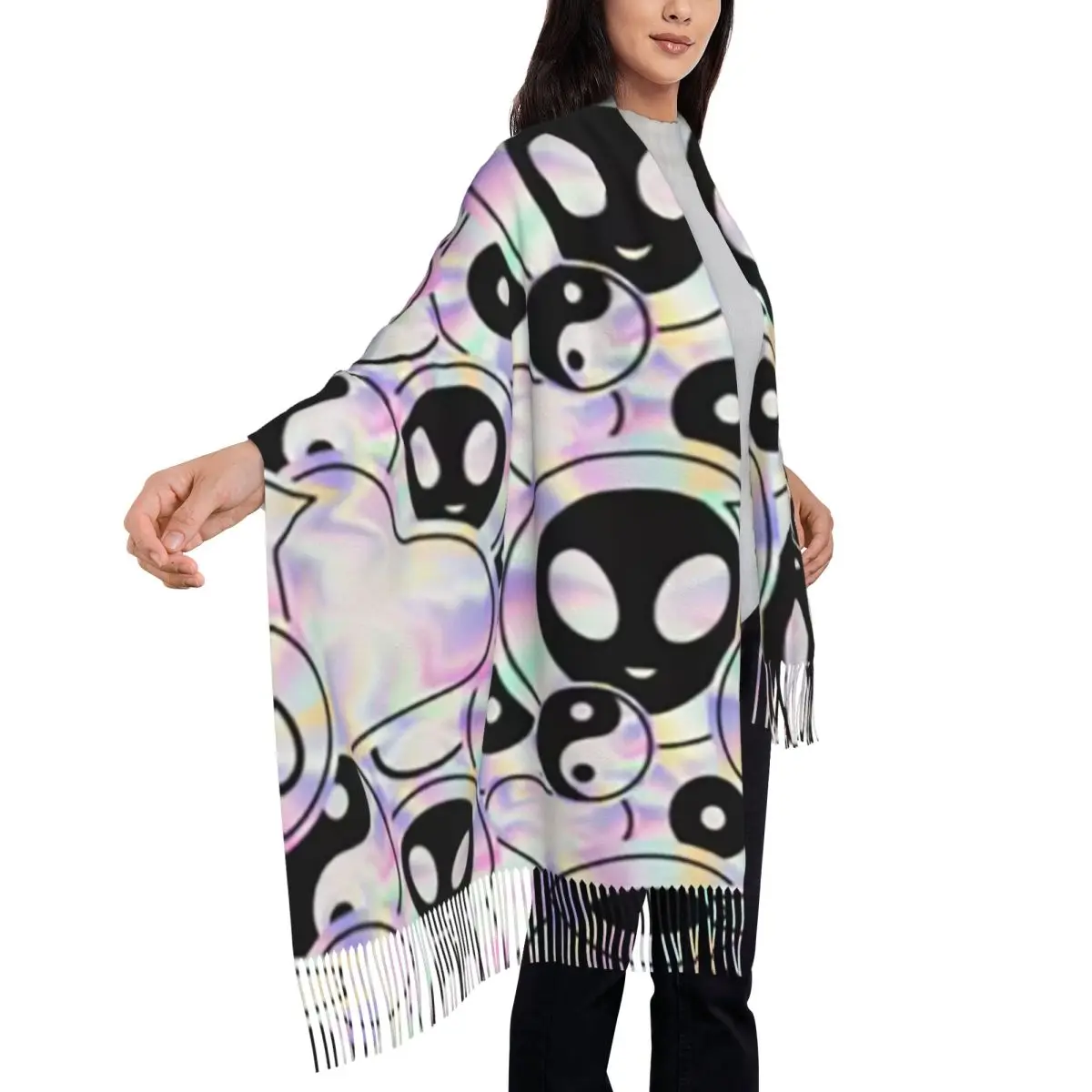 Estilo psicodélico alienígena holográfica alienígenas cachecol borla cachecóis feminino macio quente xales e envoltórios grande outono inverno xale envoltório