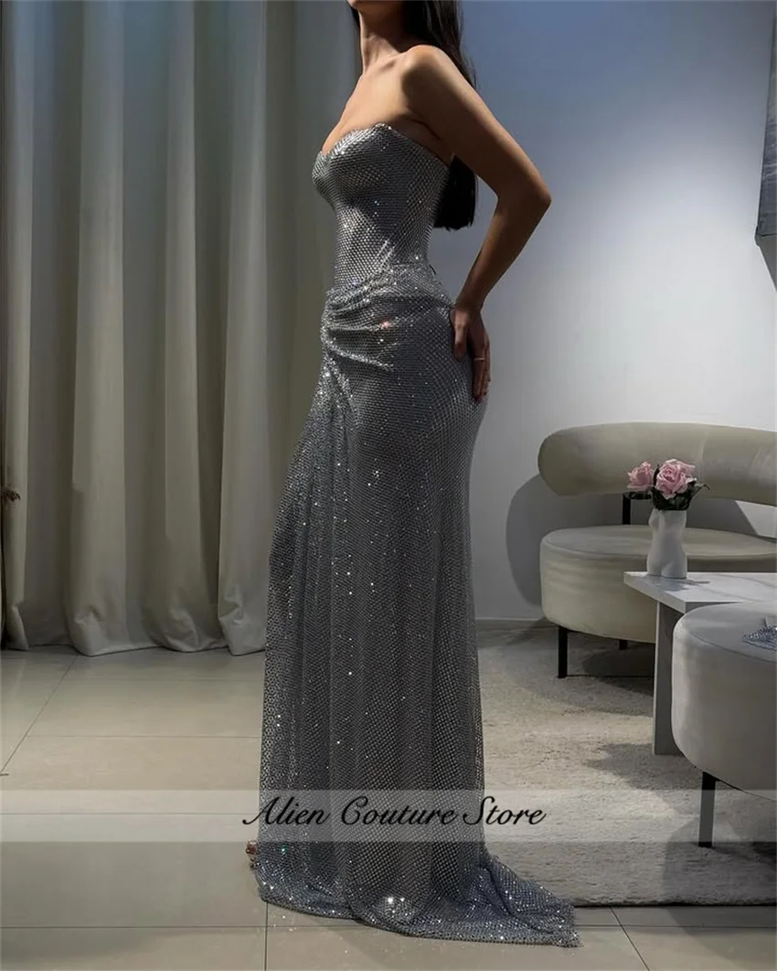 Silver Luxury Evening Dresses 2025 Beading Crystals Glitter Wedding Reception Party Gown Prom Long Dress Customized