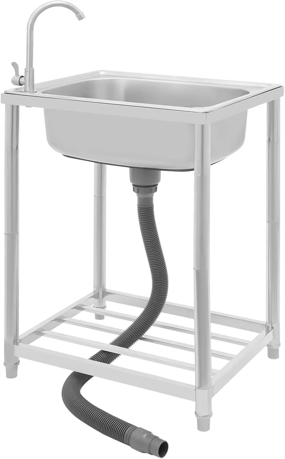 

Stainless Steel Utility Sink with Faucet – Freestanding Commercial Kitchen Sink with Storage Shelf, 360° Rotating Spout