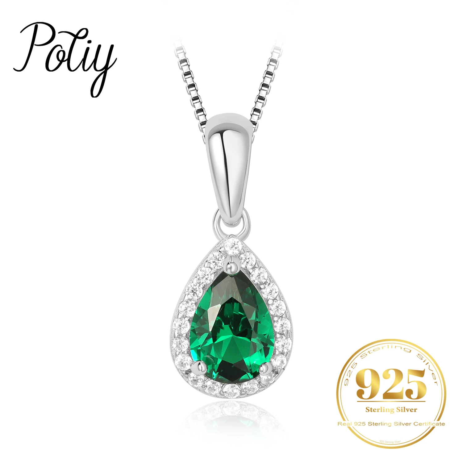 

Potiy Pear Simulated Nano Emerald 925 Sterling Silver Pendant Necklace no Chain Women Gemstone Statement Daily mini cute gift