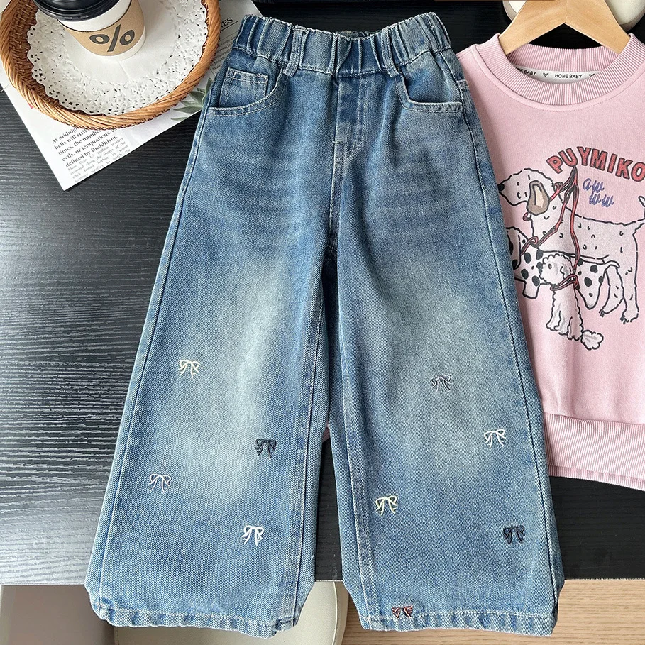 

Осень 2024, штаны для маленьких девочек, новые широкие брюки с вышивкой и бантом для маленьких девочек, повседневные детские брюки с эластичной резинкой на талии для маленьких девочек