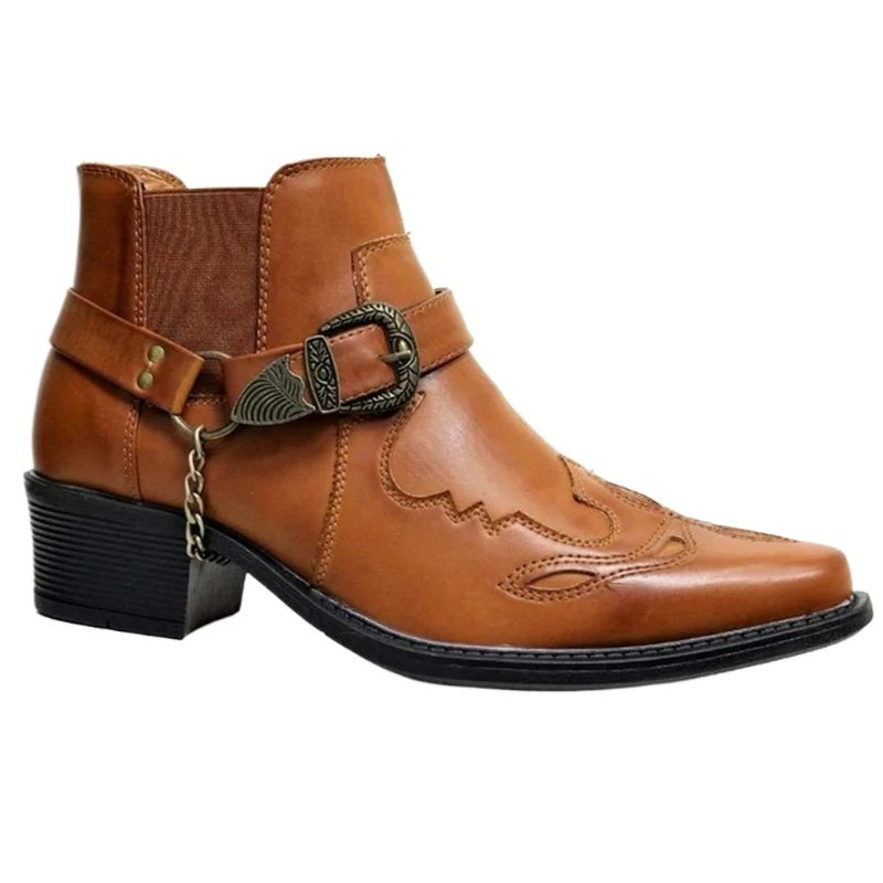 Botas de hombre hechas a mano, botas de vaquero Vintage, zapatos casuales de cuero de alta calidad, zapatos Punk con correa y hebilla, botas de moto con punta estrecha para hombre