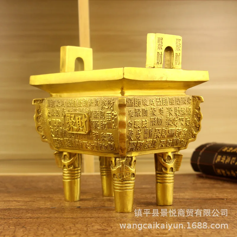 Copper incense burner, a decorative piece believed to attract wealth, a square-shaped incense burner symbolizing prosperity and