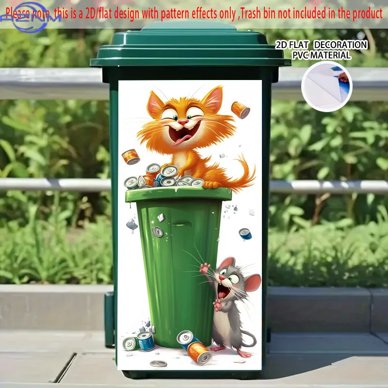 1pc 2D/FLAT Self-Adhesive Dustbin Stickers, .01×81.99cm, Cat and Mouse by Trash Can Pattern, Creative Dustbin Stickers, Suitab