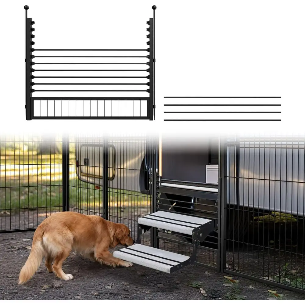 

Adjustable Dog Barrier & RV Stairs, 26 Wide, Playpen Compatible, Patented Design