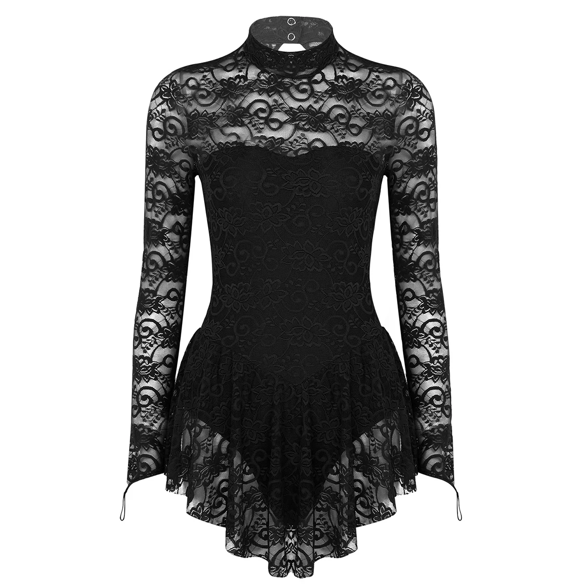 Womens Adult Gymnastics Ballet Dance Leotard Dress Dancewear Mock Neck Long Sleeve Lace Figure Ice Skating Roller Skating Dress