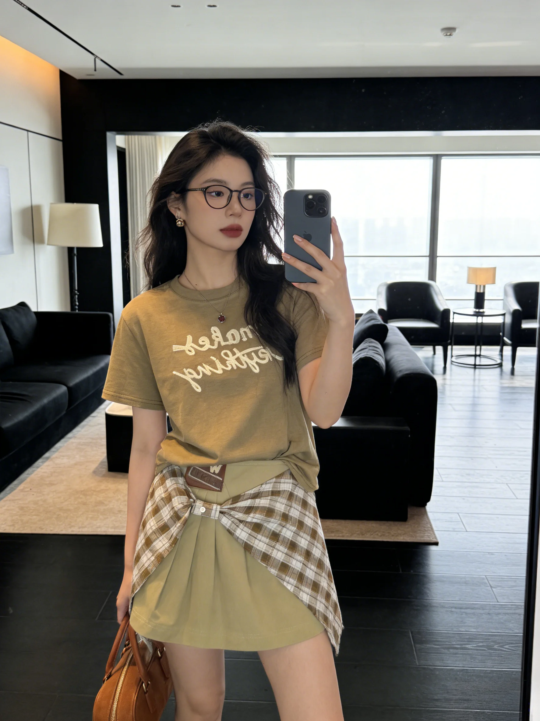 

Korean Style Short Sleeve T-Shirt High Waist Skirt Color Block Summer Casual Outfit Two Piece Set Breathable Comfortable